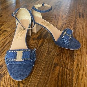 Salvatore Ferragamo Gavina Jeans Cork Heel Sandals. Size 6.5